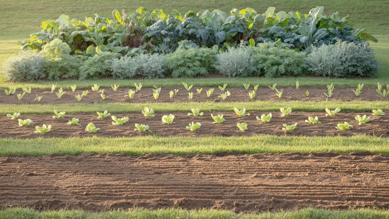 Drei niedrige Gartenbeete hintereinander: frisch umgegrabene Erde, junge Reihen, ausgewachsenes Grün.