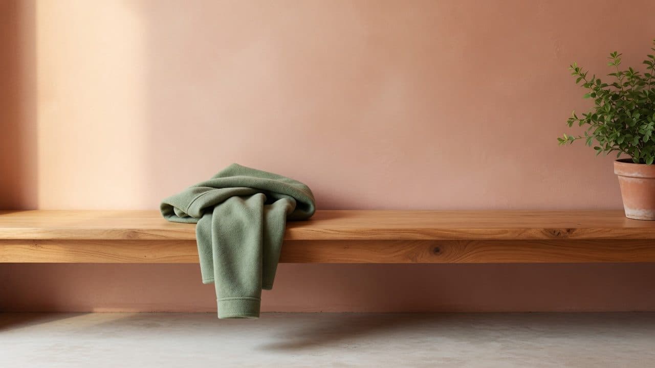 Eine schlichte Bank an einer hellen Wand, darüber eine abgelegte Jacke.