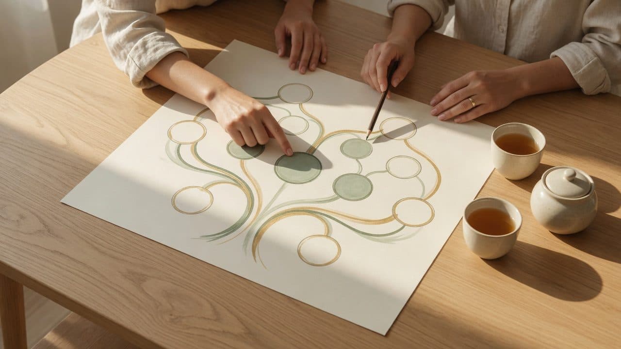 Die Hände zweier Frauen über einem handgezeichneten Stammbaum-Diagramm, daneben Tee.