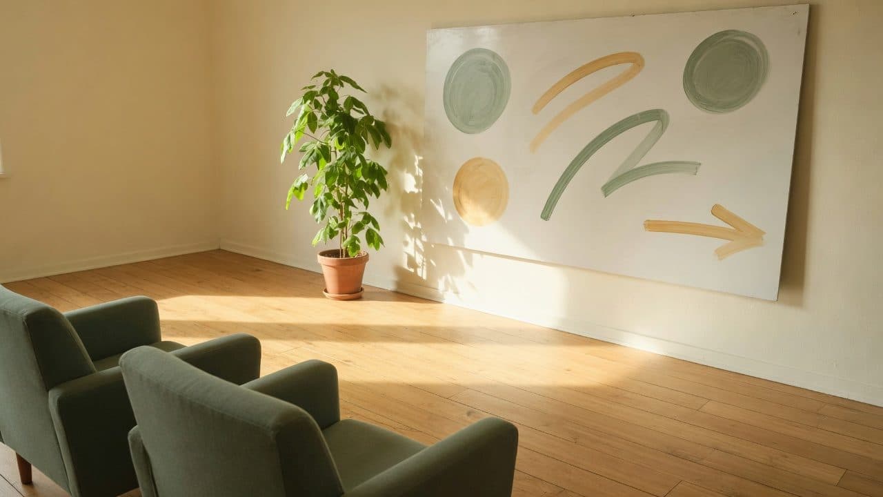 Ein heller Beratungsraum mit zwei Sesseln und einer Tafel an der Wand.