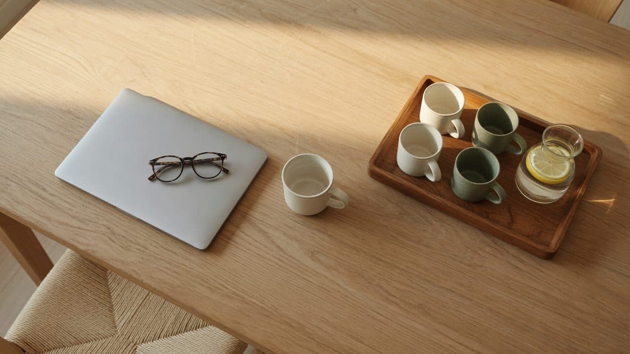 Ein Tisch von oben: links ein geschlossener Laptop, rechts ein Tablett mit bereitgestellten Tassen.