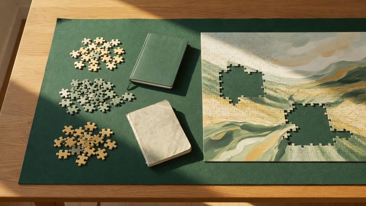 Ein Arbeitstisch mit einem halb gelegten Puzzle, die losen Teile nach Farben sortiert.