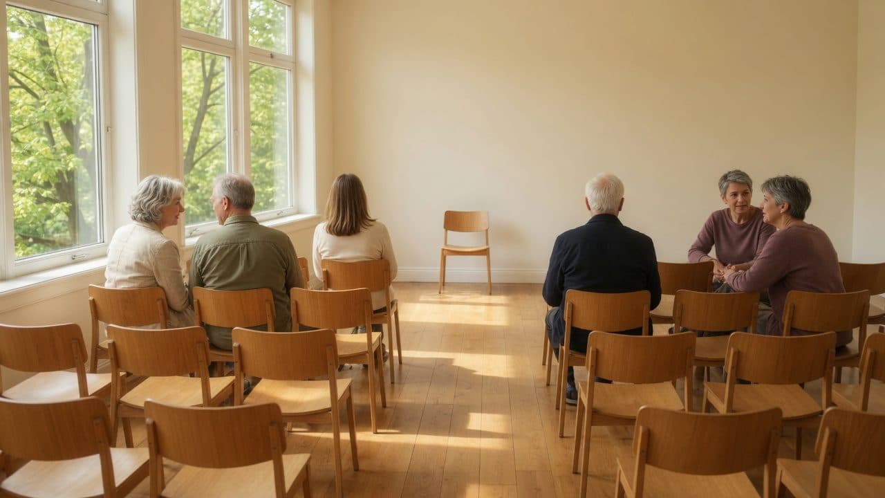 Ein heller Saal mit Holzstühlen, einzelne Gäste im Gespräch vor Beginn.