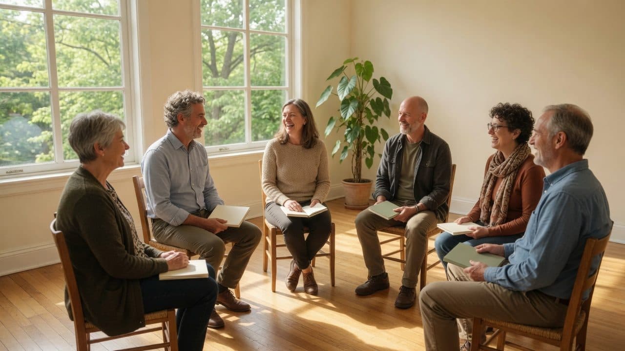 Sechs Personen sitzen im Kreis in einem hellen Raum und arbeiten gemeinsam.
